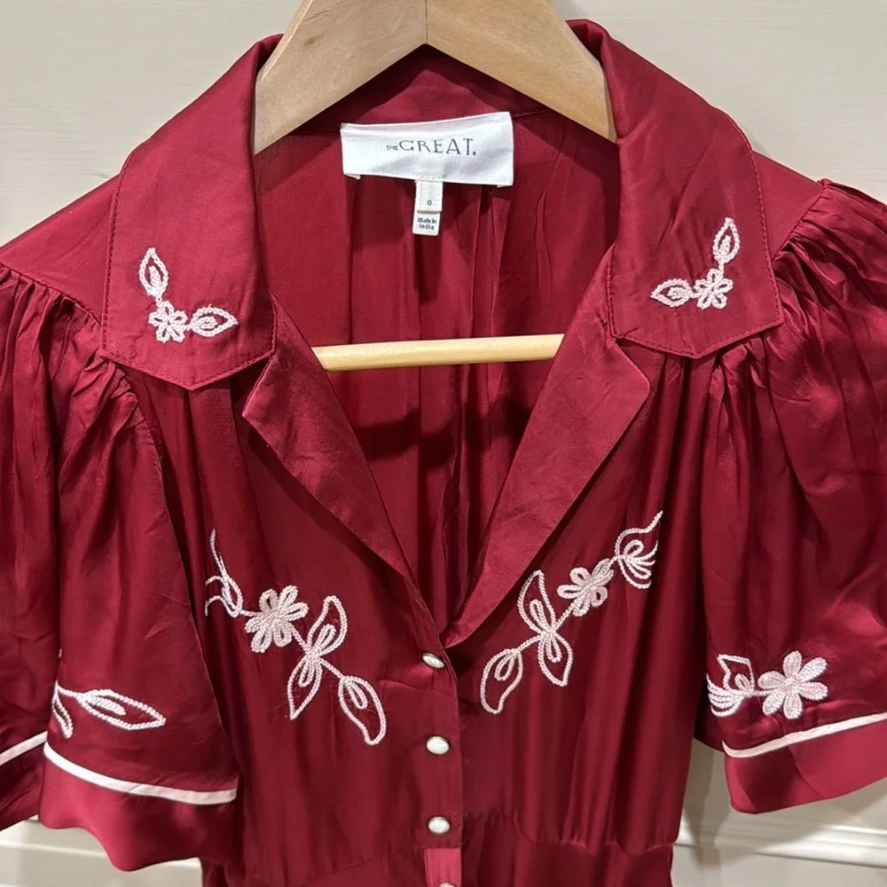 THE GREAT. Red Embroidered Button-Front Maxi Dress - Picture 6 of 8
